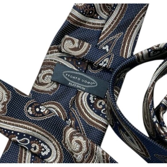 PRONTO UOMO Silk Necktie LUXURY Tie Changing Blue Gray Brown Paisley W:3" EUC - Picture 2 of 5